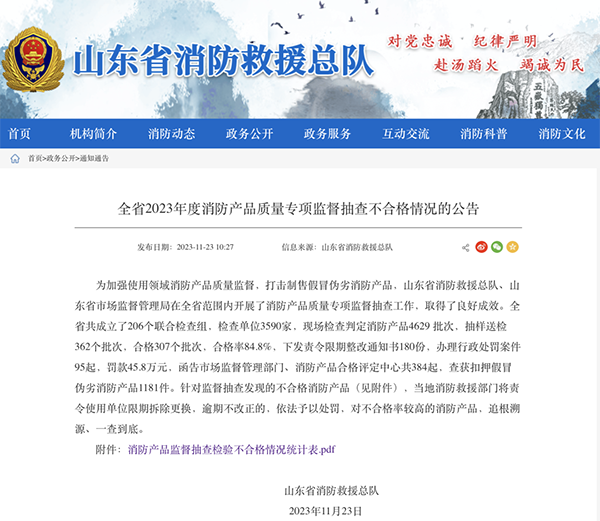 山東全省2023年度消防產(chǎn)品質(zhì)量專項監(jiān)督抽查